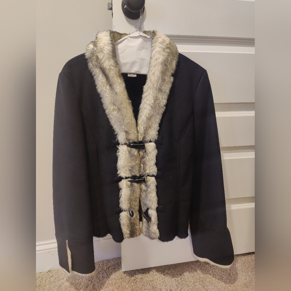 White House Black Market Black Teddy Jacket with Cream Faux Fur